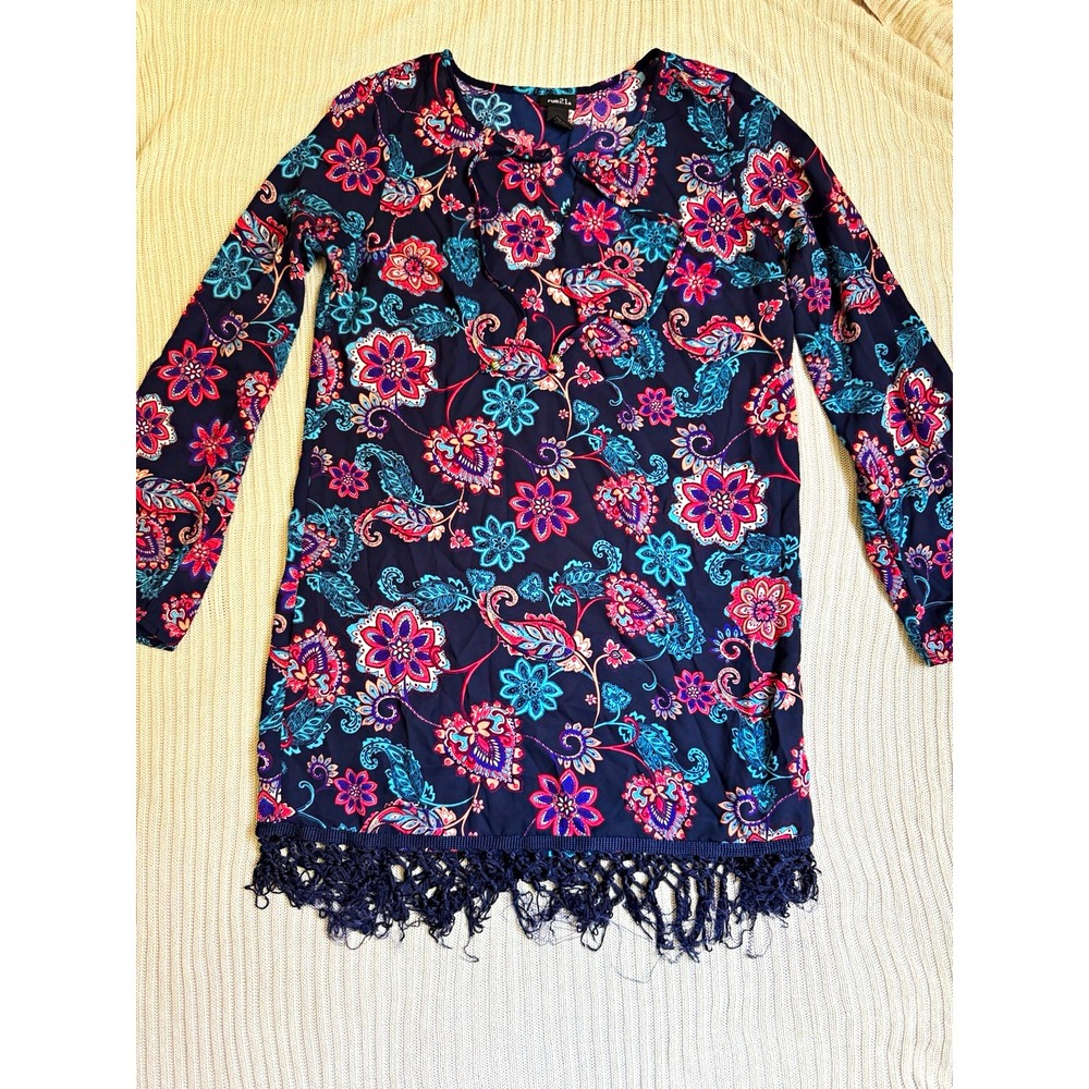 rue21 Navy Floral Paisley Scoop Neck Long Sleeve Fringe Hem Mini Dress Size M